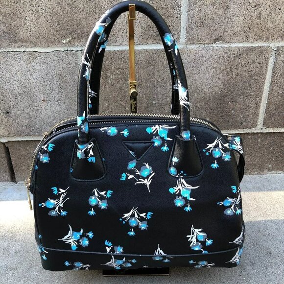Unbranded Handbags - Faux Leather Purse Shoulder Top Handle Bowling Bag Black Floral 3 Compartment​​